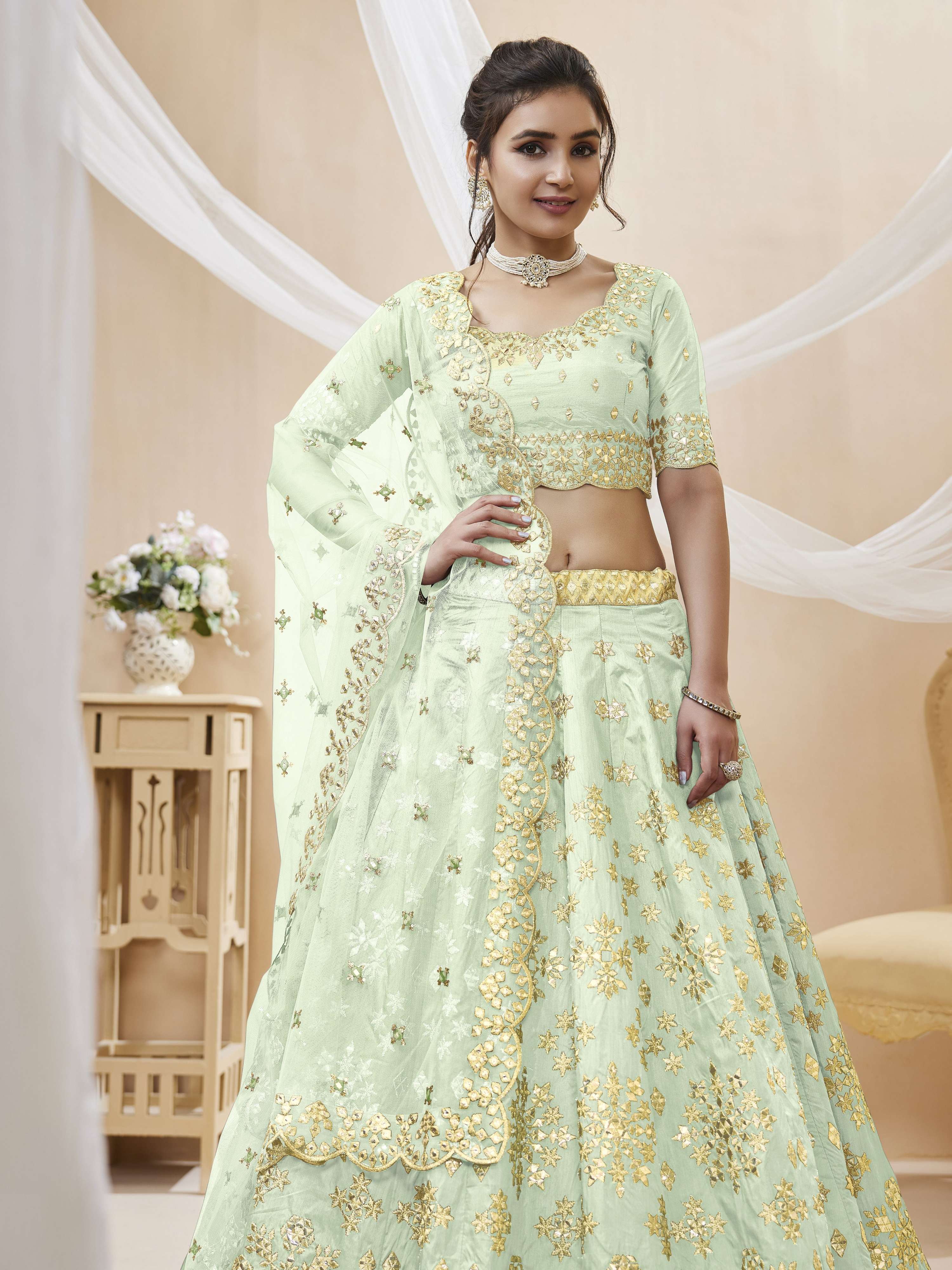 Jyoti Fashion Women's Pista Art Silk Sequins with Foil & Zari Embroidered Lehenga Choli & Dupatta - Distacart