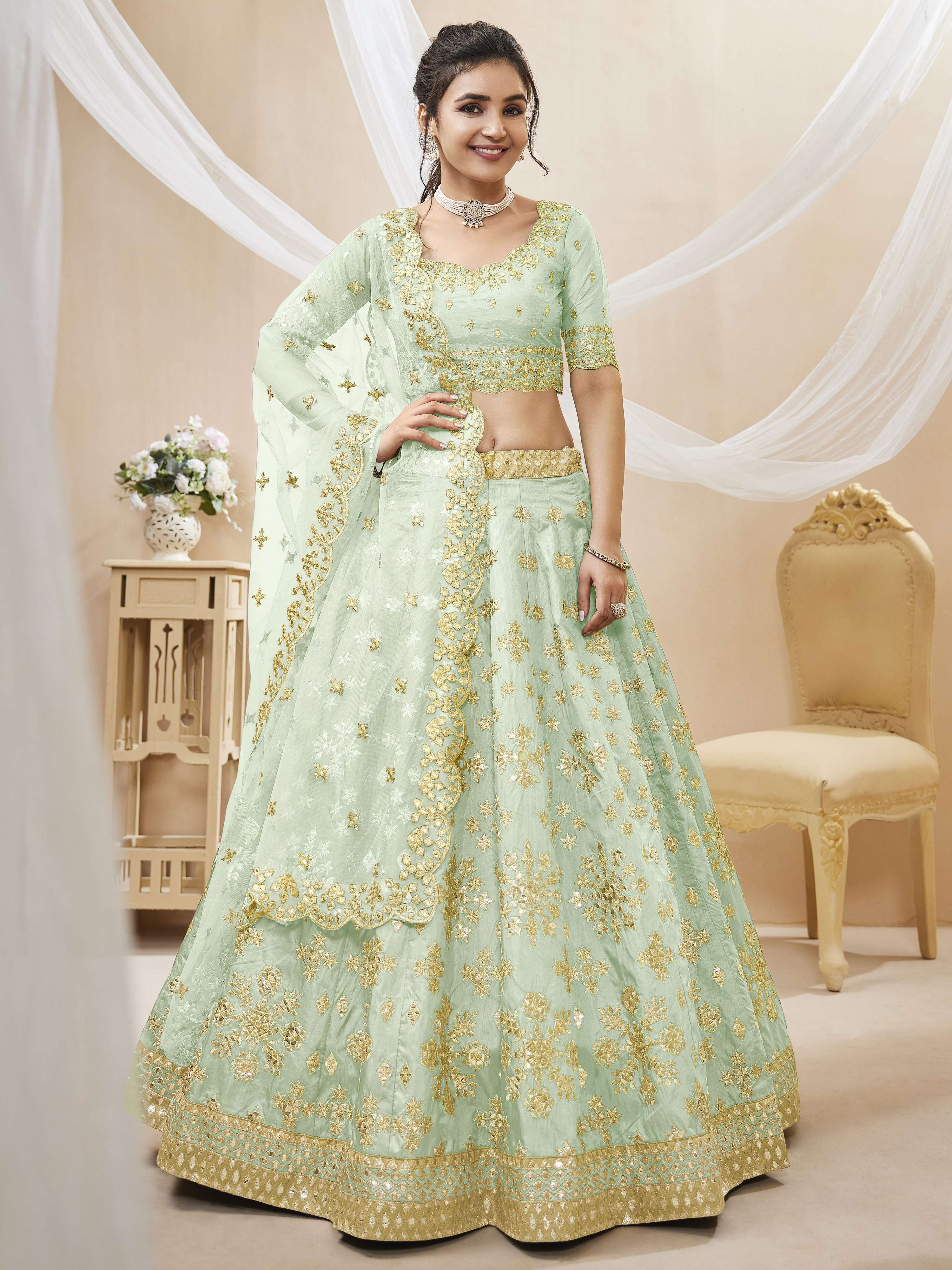 Jyoti Fashion Women's Pista Art Silk Sequins with Foil & Zari Embroidered Lehenga Choli & Dupatta - Distacart