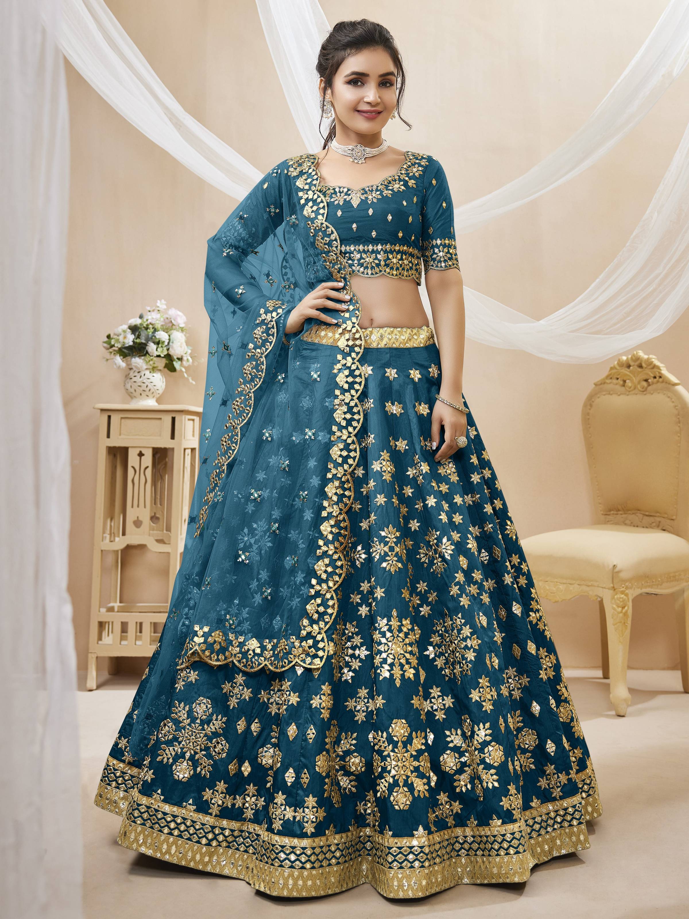 Jyoti Fashion Women's Blue Art Silk Sequins with Foil & Zari Embroidered Lehenga Choli & Dupatta - Distacart
