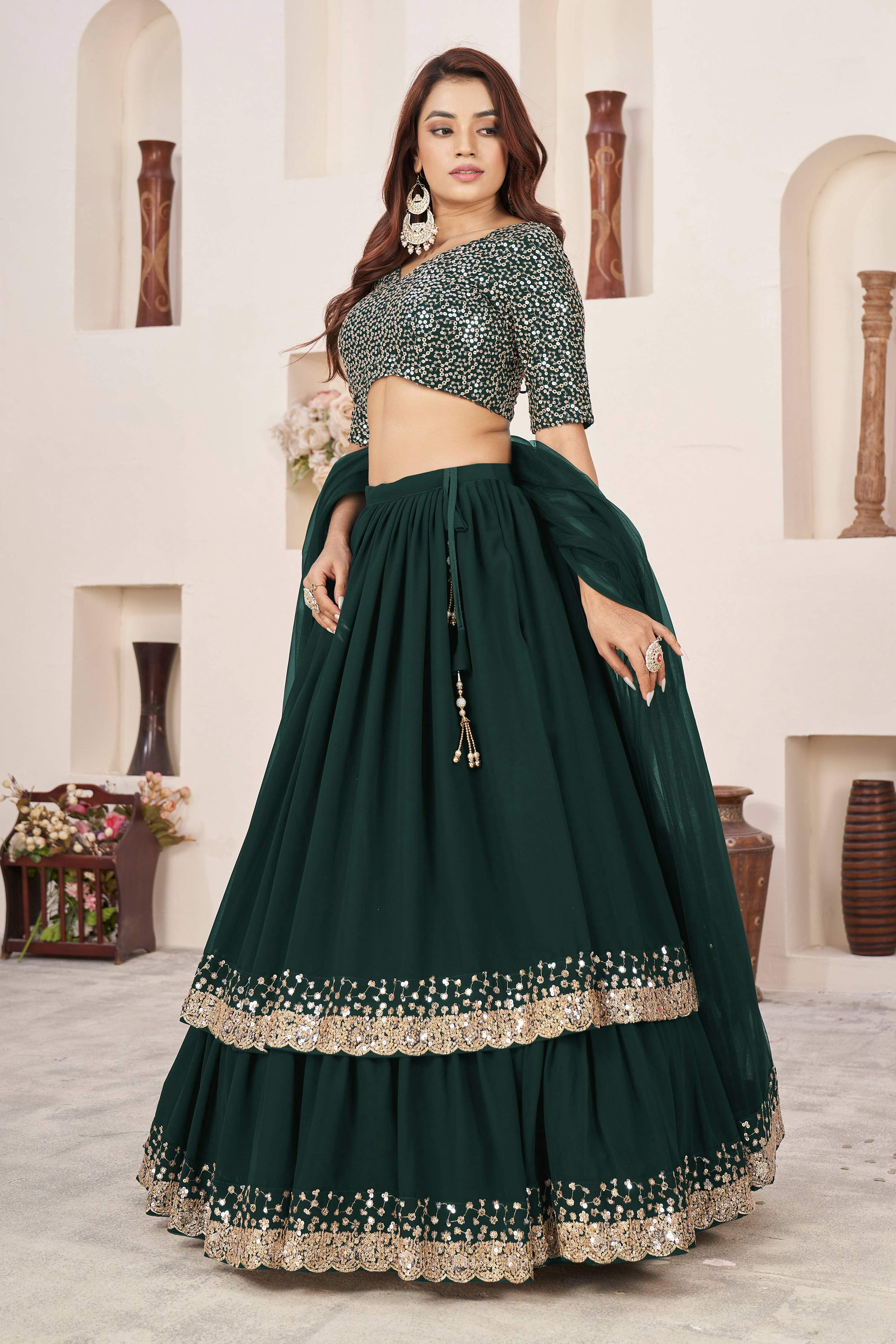 Jyoti Fashion Women's Green Georgette Sequins Zari Embroidered Lehenga Choli & Dupatta - Distacart