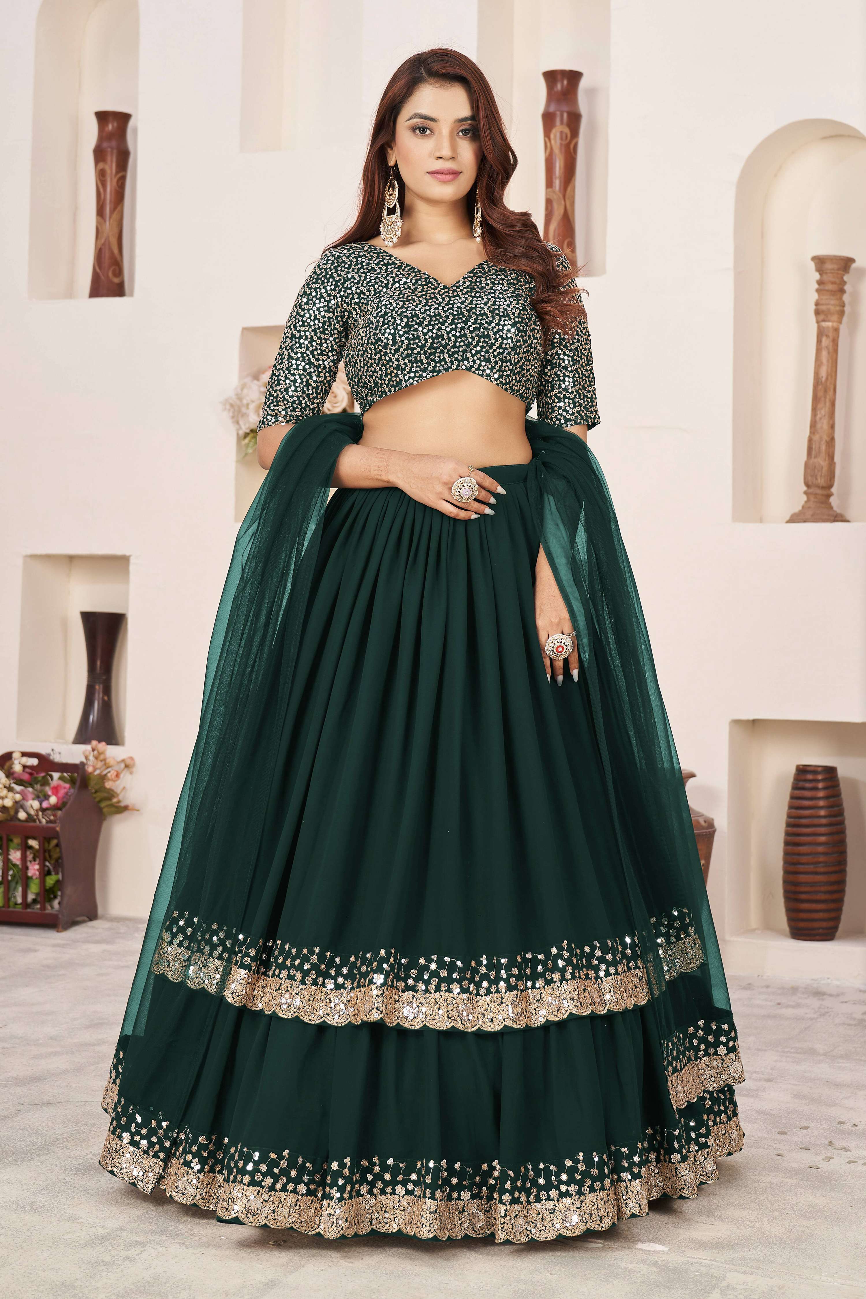 Jyoti Fashion Women's Green Georgette Sequins Zari Embroidered Lehenga Choli & Dupatta - Distacart