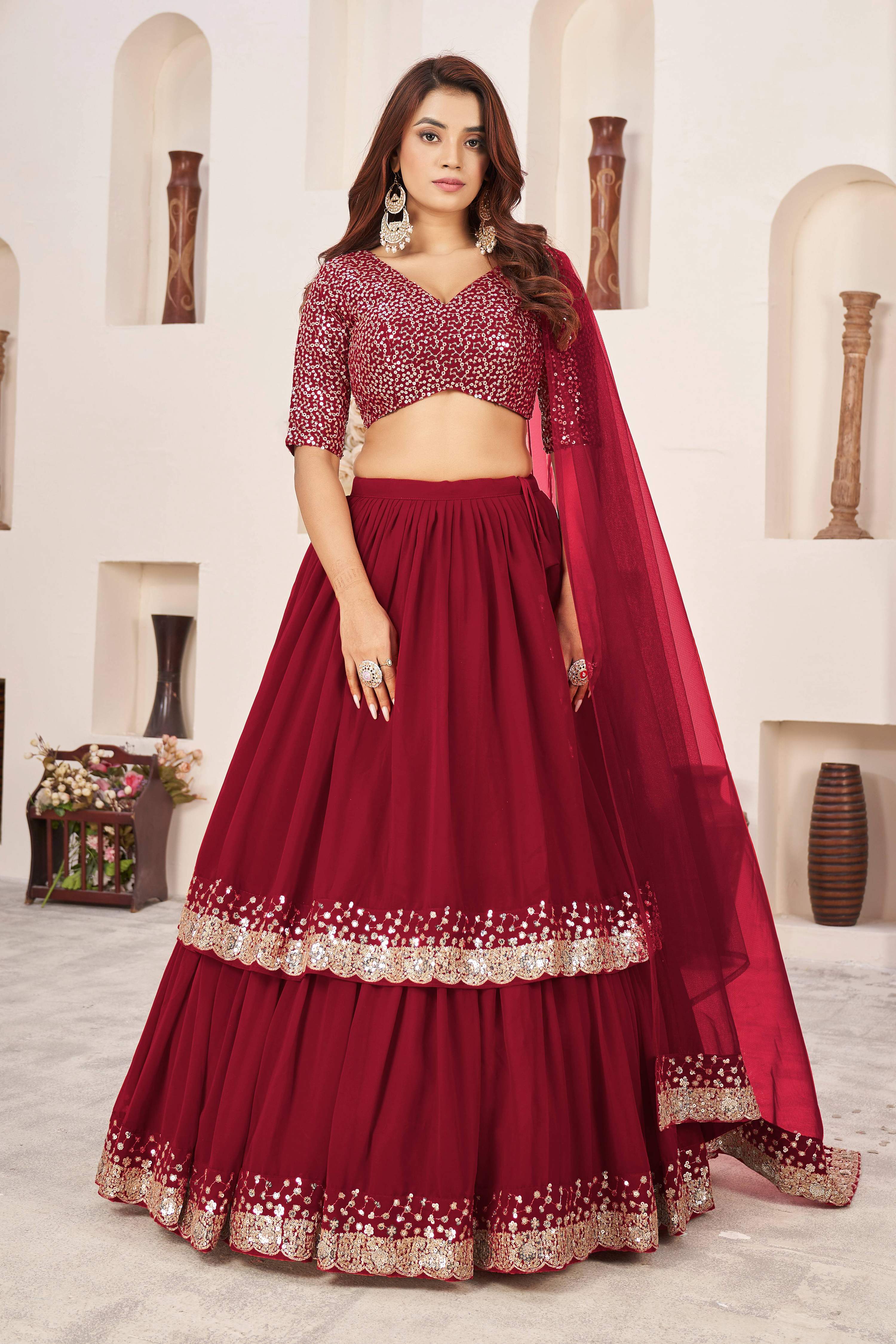Jyoti Fashion Women's Red Georgette Sequins Zari Embroidered Lehenga Choli & Dupatta - Distacart