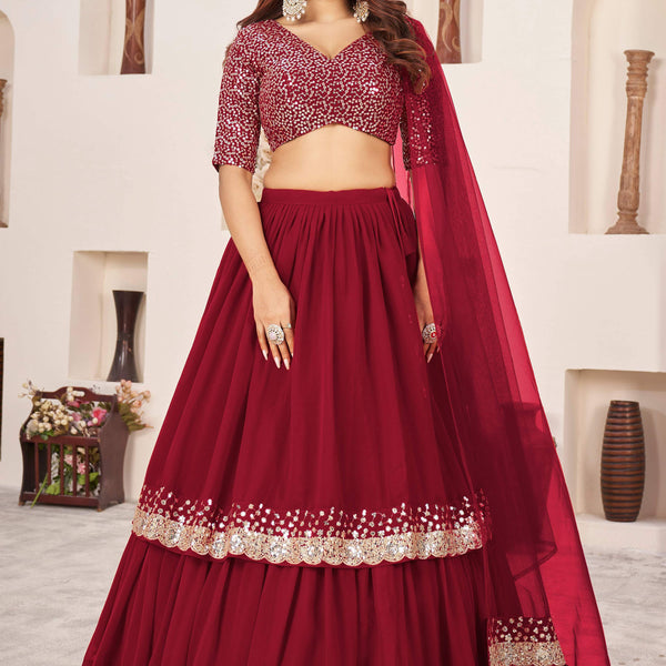 Jyoti Fashion Women's Red Georgette Sequins Zari Embroidered Lehenga Choli & Dupatta - Distacart