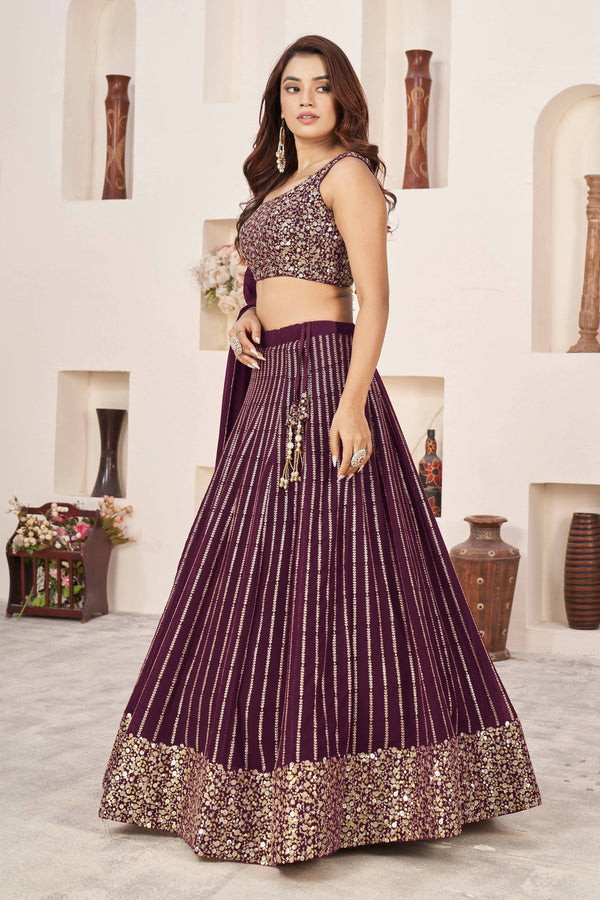 Jyoti Fashion Women's Wine Georgette Sequins Zari Embroidered Lehenga Choli & Dupatta - Distacart