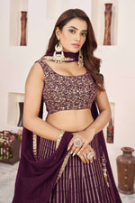 Thumbnail for Jyoti Fashion Women's Wine Georgette Sequins Zari Embroidered Lehenga Choli & Dupatta - Distacart