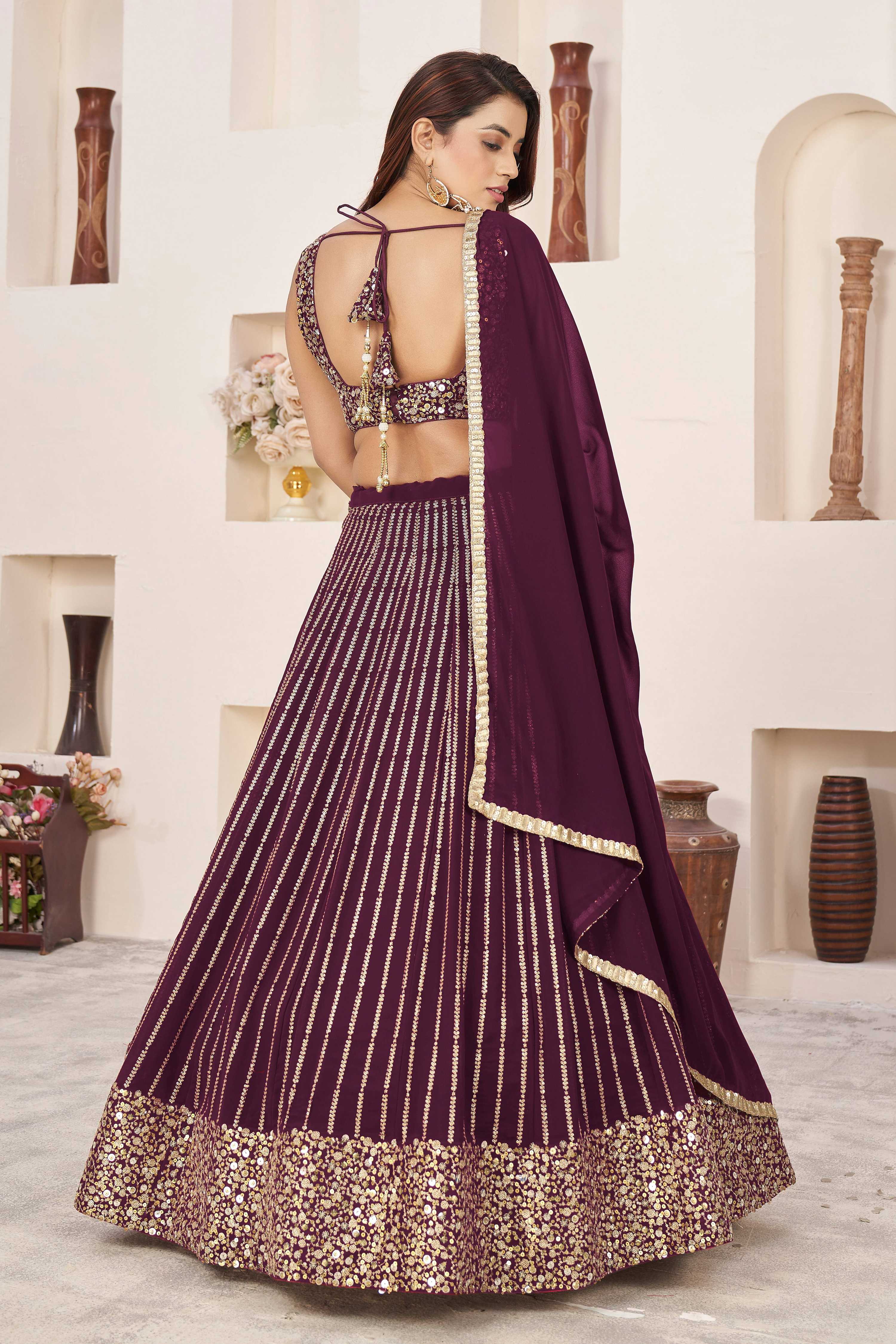 Jyoti Fashion Women's Wine Georgette Sequins Zari Embroidered Lehenga Choli & Dupatta - Distacart