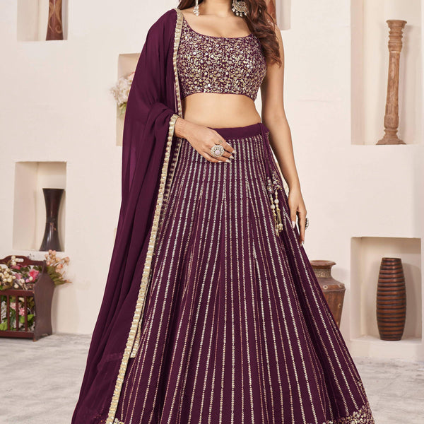 Jyoti Fashion Women's Wine Georgette Sequins Zari Embroidered Lehenga Choli & Dupatta - Distacart
