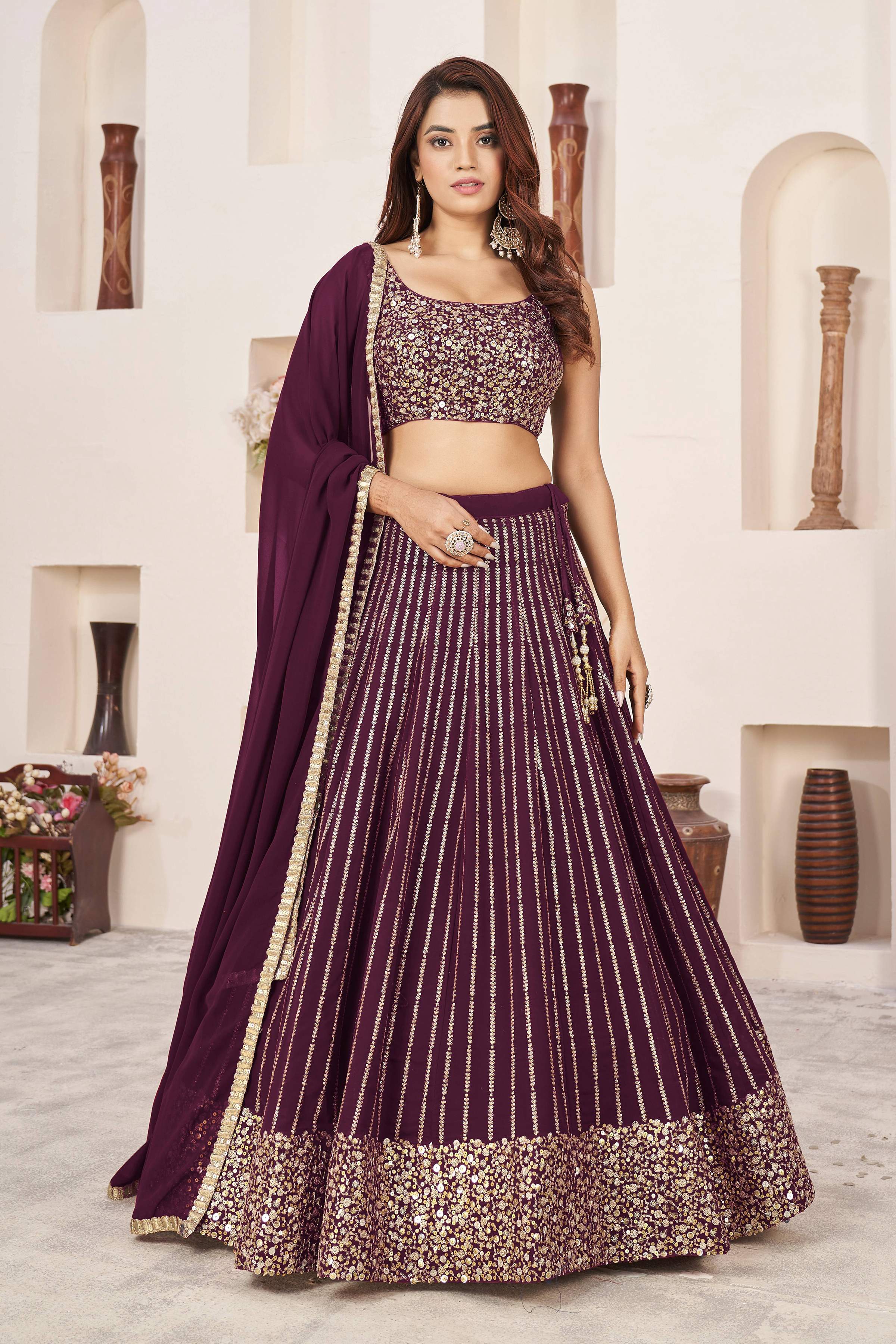 Jyoti Fashion Women's Wine Georgette Sequins Zari Embroidered Lehenga Choli & Dupatta - Distacart