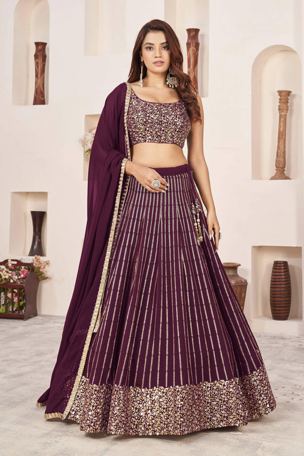 Jyoti Fashion Women's Wine Georgette Sequins Zari Embroidered Lehenga Choli & Dupatta - Distacart