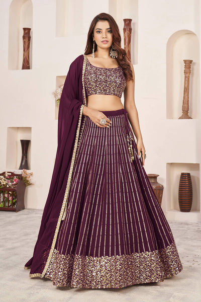 Jyoti Fashion Women's Wine Georgette Sequins Zari Embroidered Lehenga Choli & Dupatta - Distacart