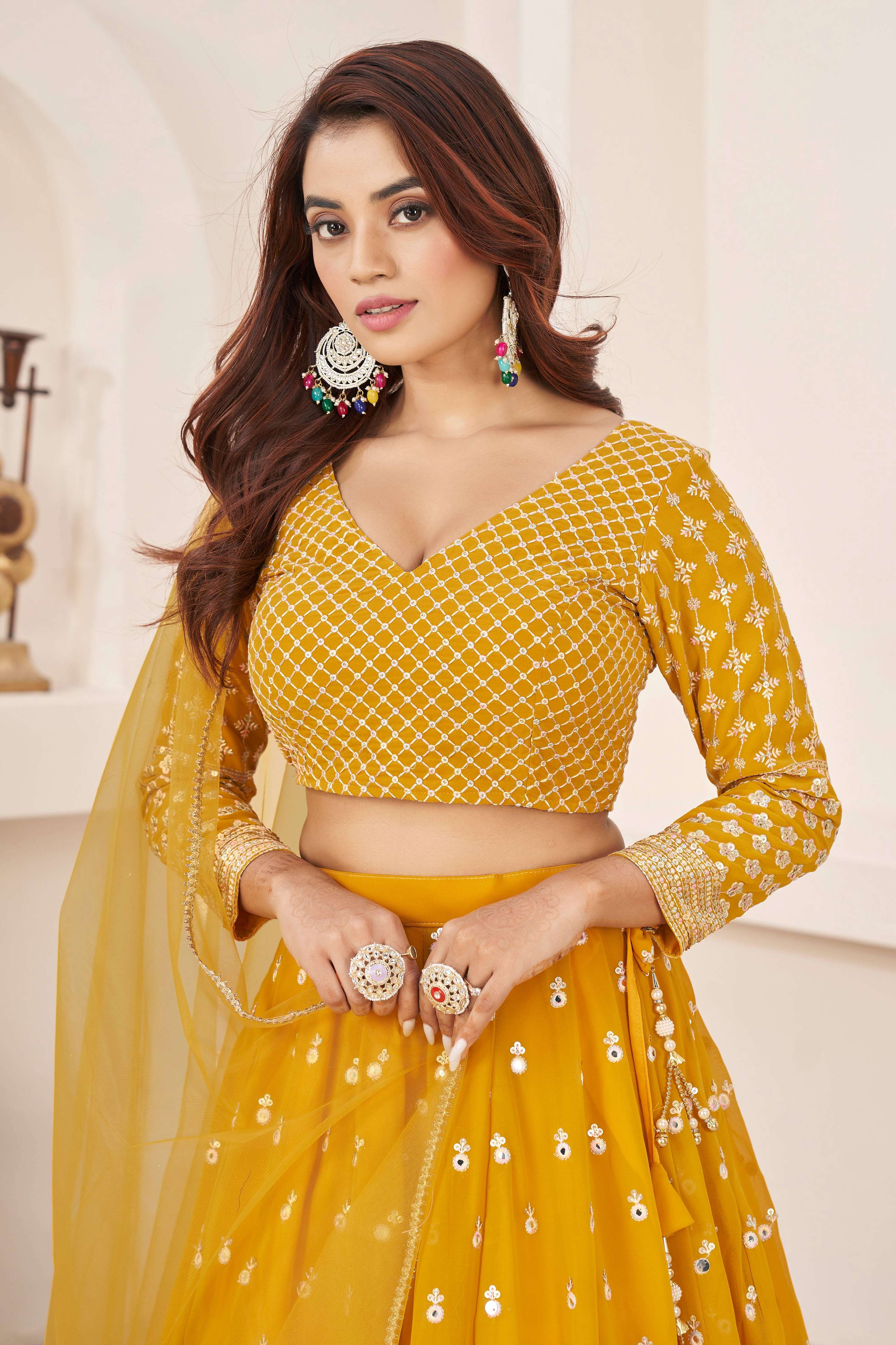 Jyoti Fashion Women's Yellow Georgette Multi Colored Thread with Sequins Embroidered Lehenga Choli & Dupatta - Distacart