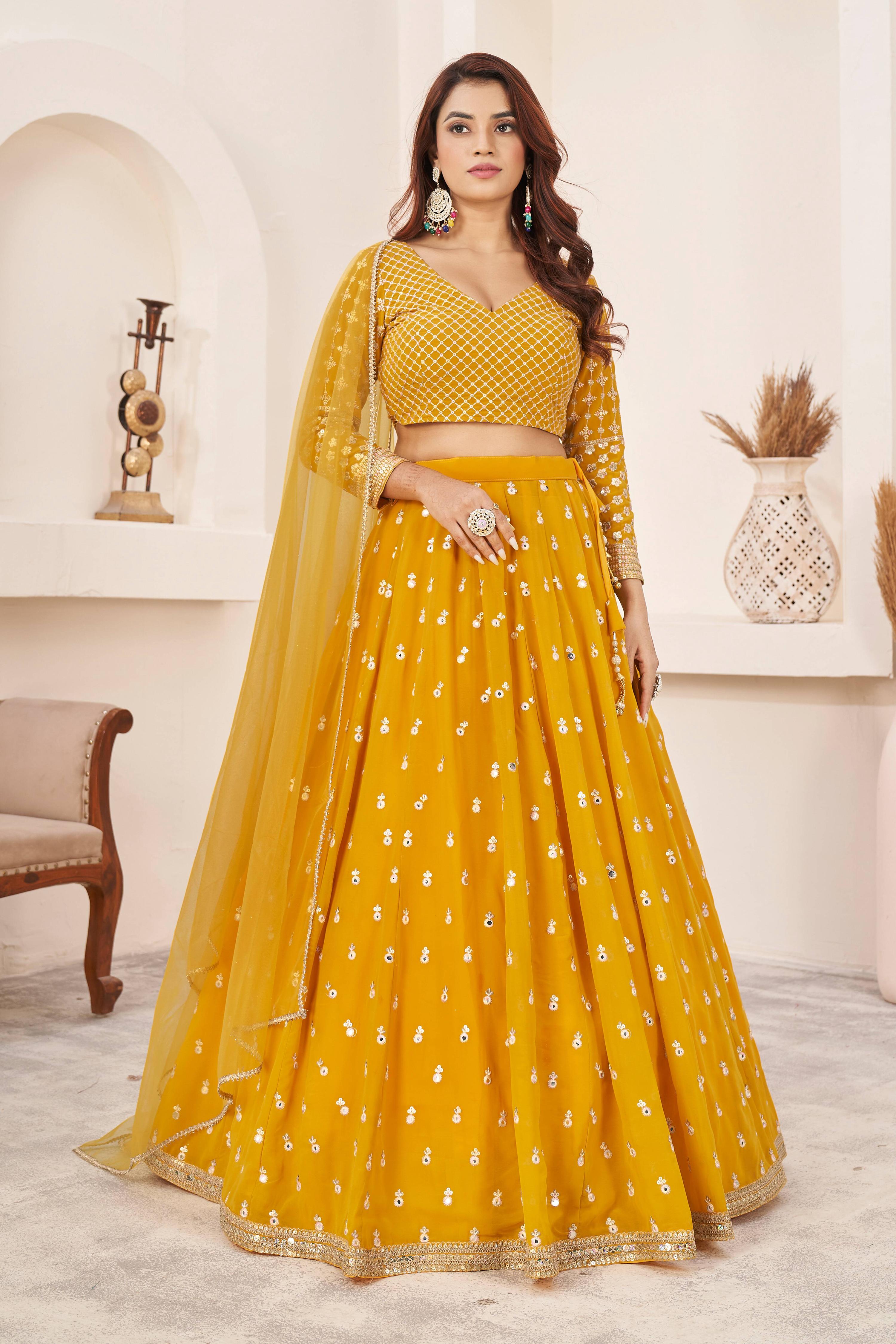 Jyoti Fashion Women's Yellow Georgette Multi Colored Thread with Sequins Embroidered Lehenga Choli & Dupatta - Distacart