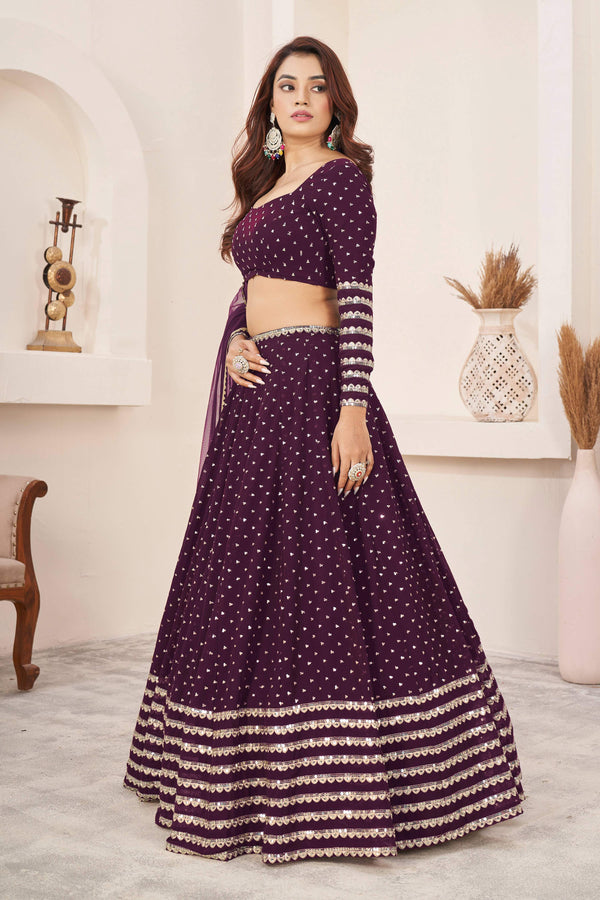 Jyoti Fashion Women's Wine Georgette Sequins Zari Embroidered Lehenga Choli & Dupatta - Distacart