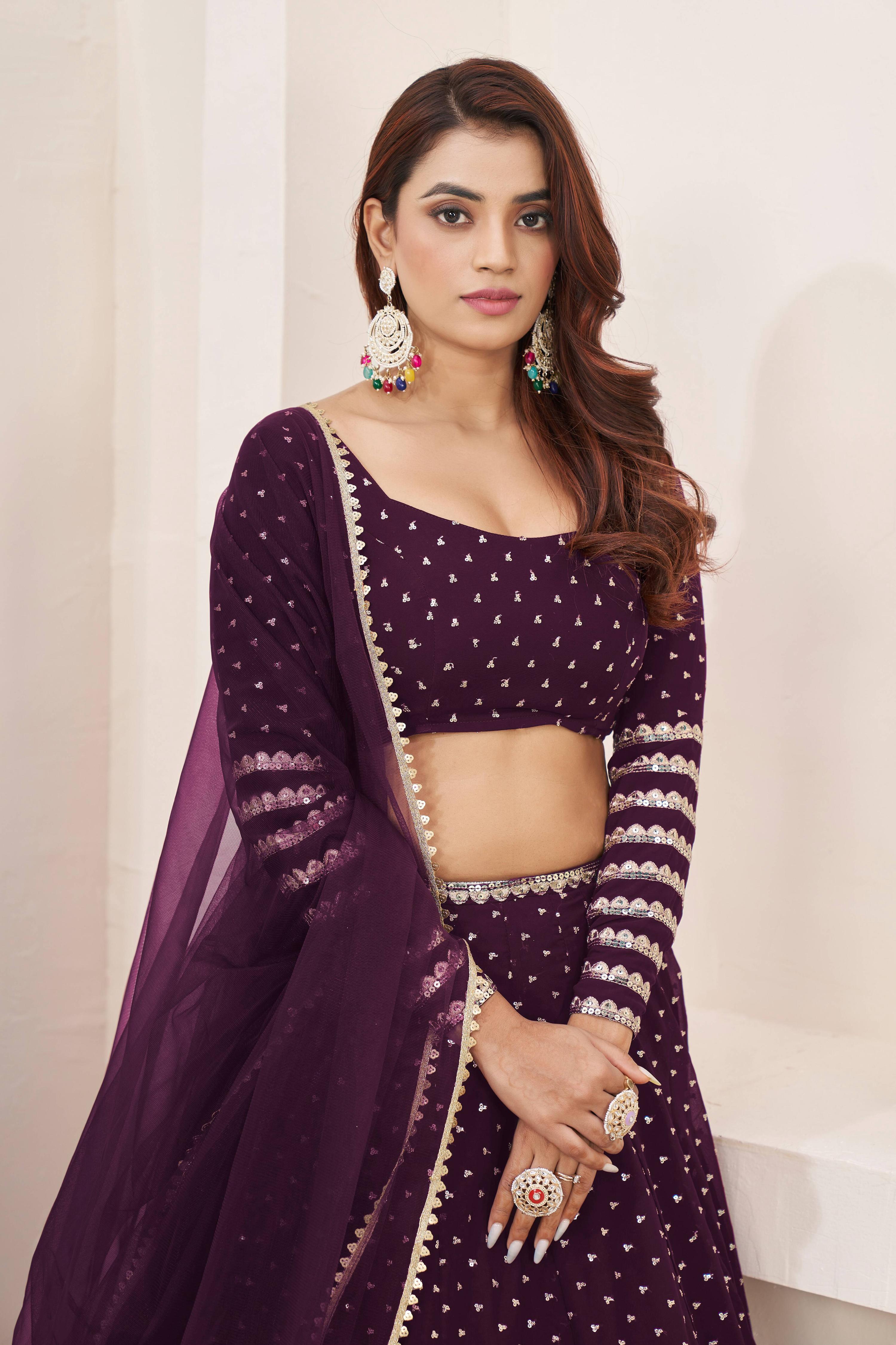 Jyoti Fashion Women's Wine Georgette Sequins Zari Embroidered Lehenga Choli & Dupatta - Distacart