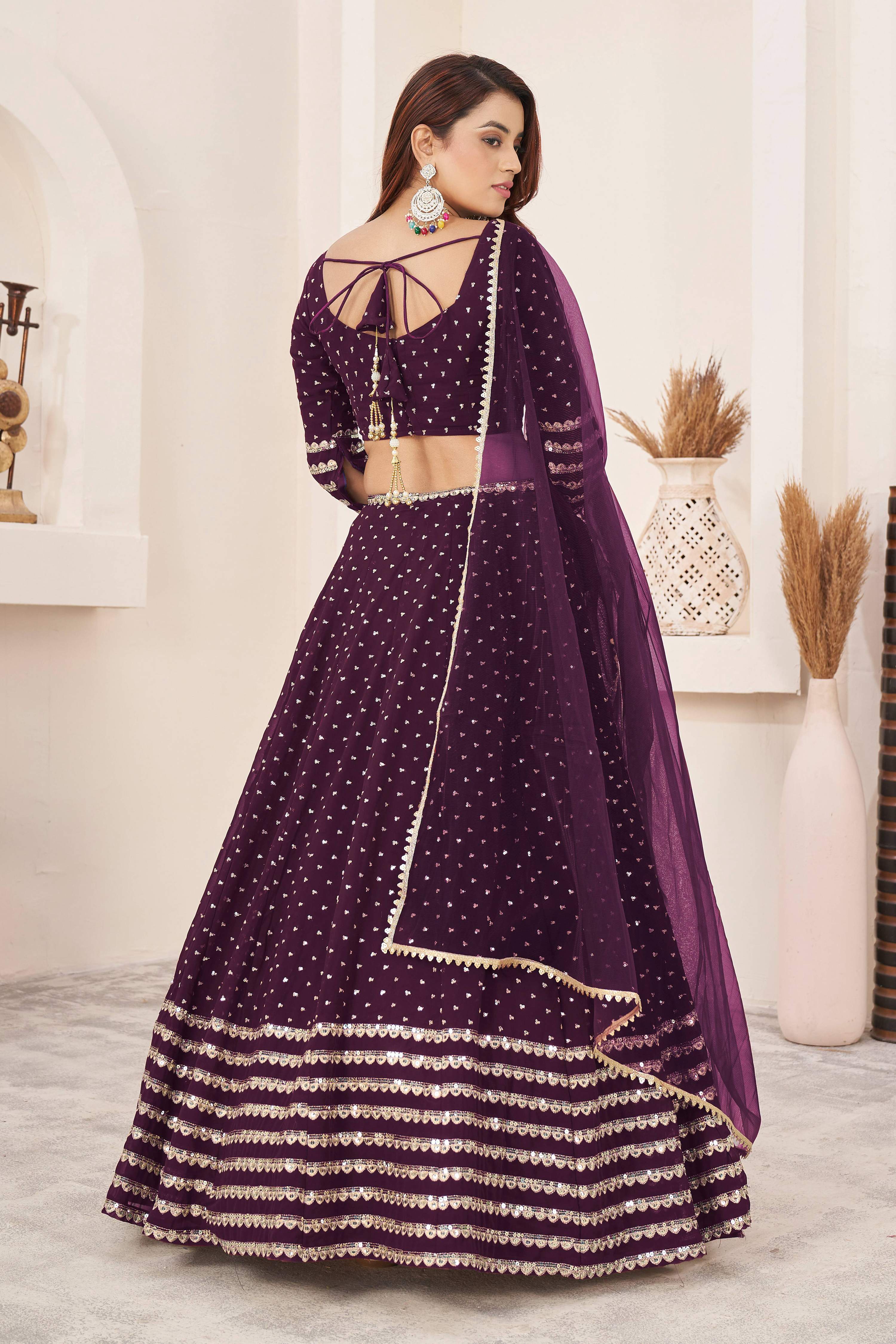 Jyoti Fashion Women's Wine Georgette Sequins Zari Embroidered Lehenga Choli & Dupatta - Distacart