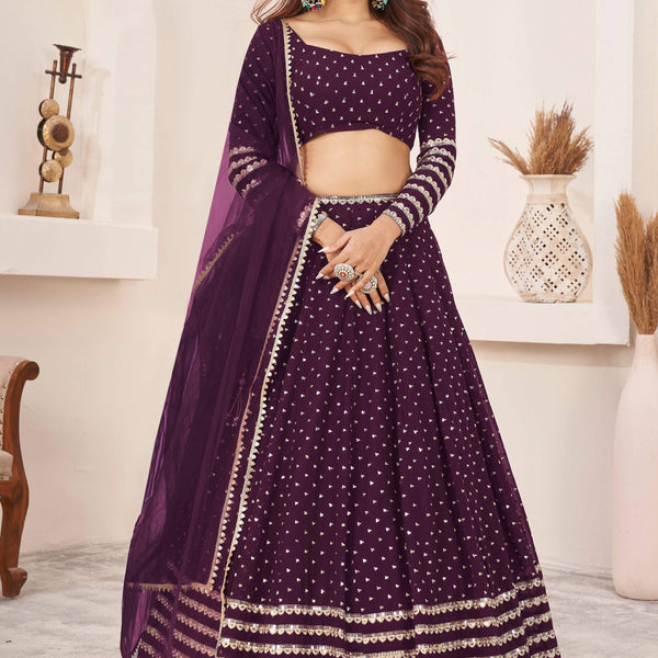 Jyoti Fashion Women's Wine Georgette Sequins Zari Embroidered Lehenga Choli & Dupatta - Distacart
