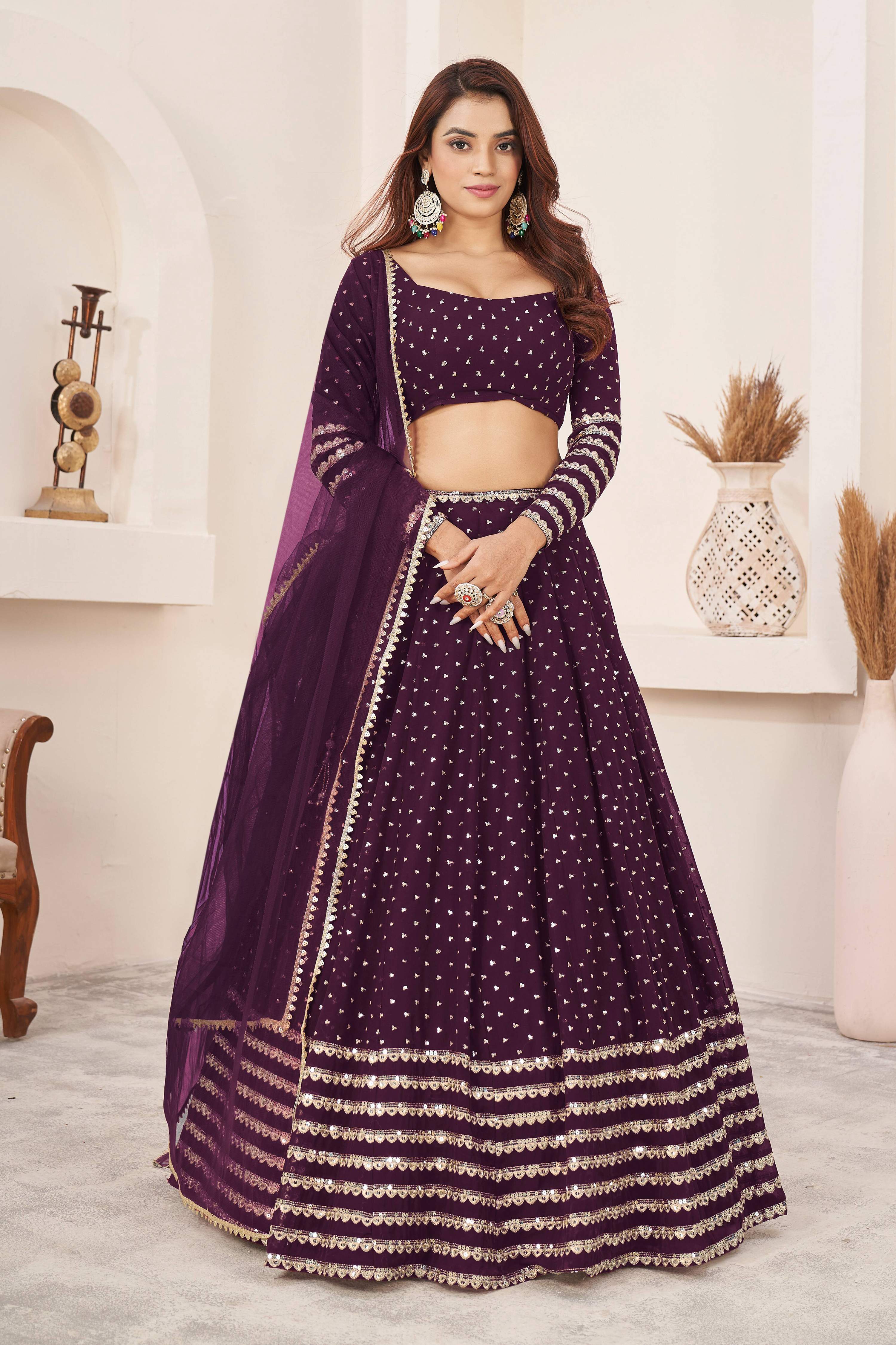 Jyoti Fashion Women's Wine Georgette Sequins Zari Embroidered Lehenga Choli & Dupatta - Distacart