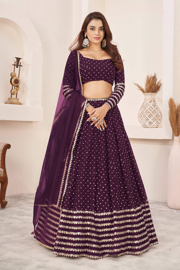 Jyoti Fashion Women's Wine Georgette Sequins Zari Embroidered Lehenga Choli & Dupatta - Distacart