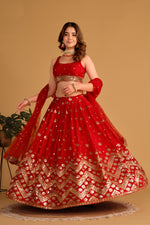 Thumbnail for Jyoti Fashion Women's Red Georgette Sequins Zari Embroidered Lehenga Choli & Dupatta - Distacart