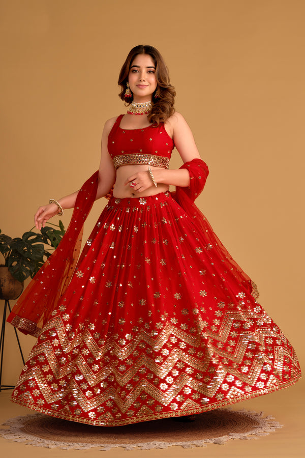 Jyoti Fashion Women's Red Georgette Sequins Zari Embroidered Lehenga Choli & Dupatta - Distacart