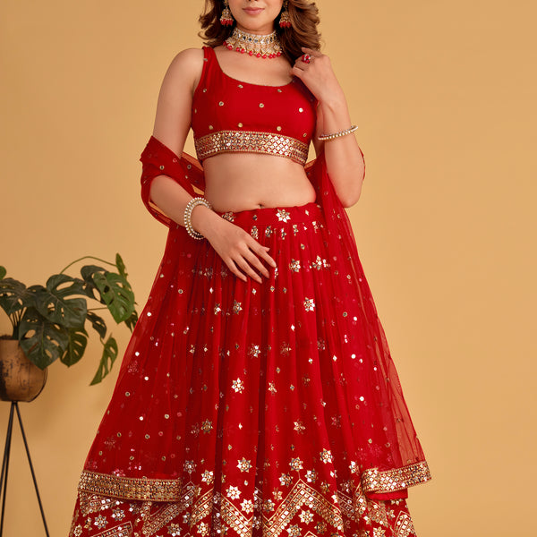 Jyoti Fashion Women's Red Georgette Sequins Zari Embroidered Lehenga Choli & Dupatta - Distacart