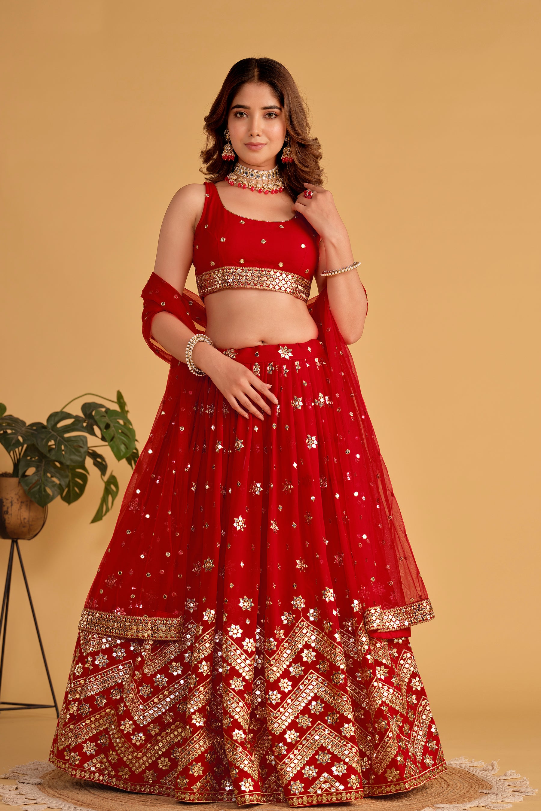 Jyoti Fashion Women's Red Georgette Sequins Zari Embroidered Lehenga Choli & Dupatta - Distacart