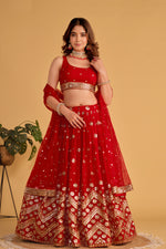 Thumbnail for Jyoti Fashion Women's Red Georgette Sequins Zari Embroidered Lehenga Choli & Dupatta - Distacart