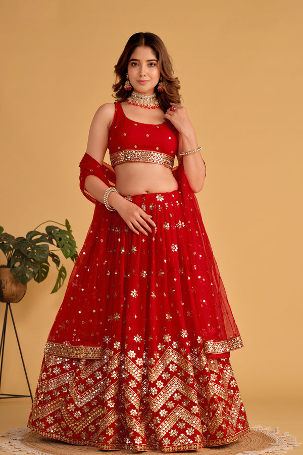 Jyoti Fashion Women's Red Georgette Sequins Zari Embroidered Lehenga Choli & Dupatta - Distacart
