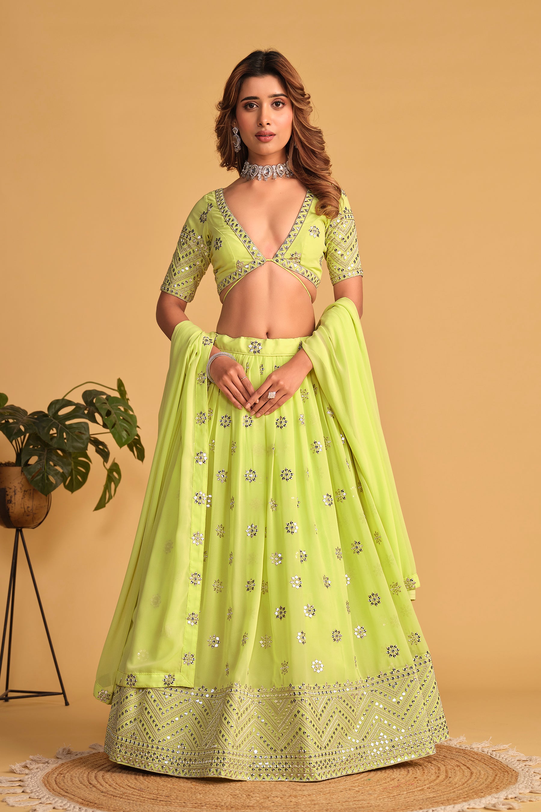 Jyoti Fashion Women's Neon Georgette Sequins Zari Embroidered Lehenga Choli & Dupatta - Distacart