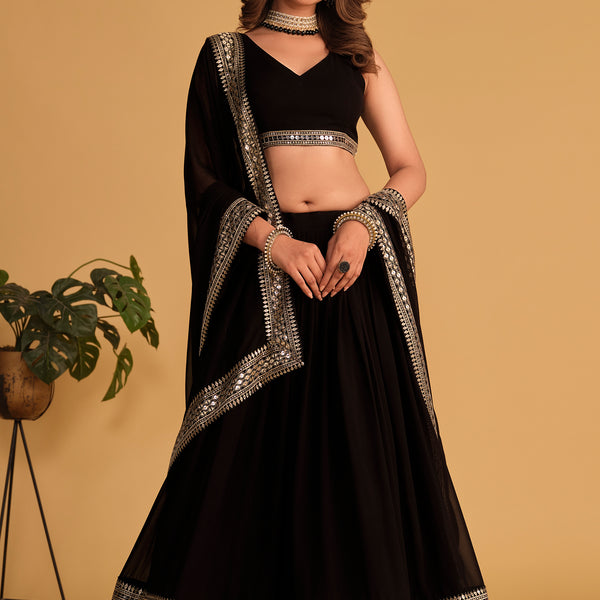 Jyoti Fashion Women's Black Georgette Sequins Zari Embroidered Lehenga Choli & Dupatta - Distacart