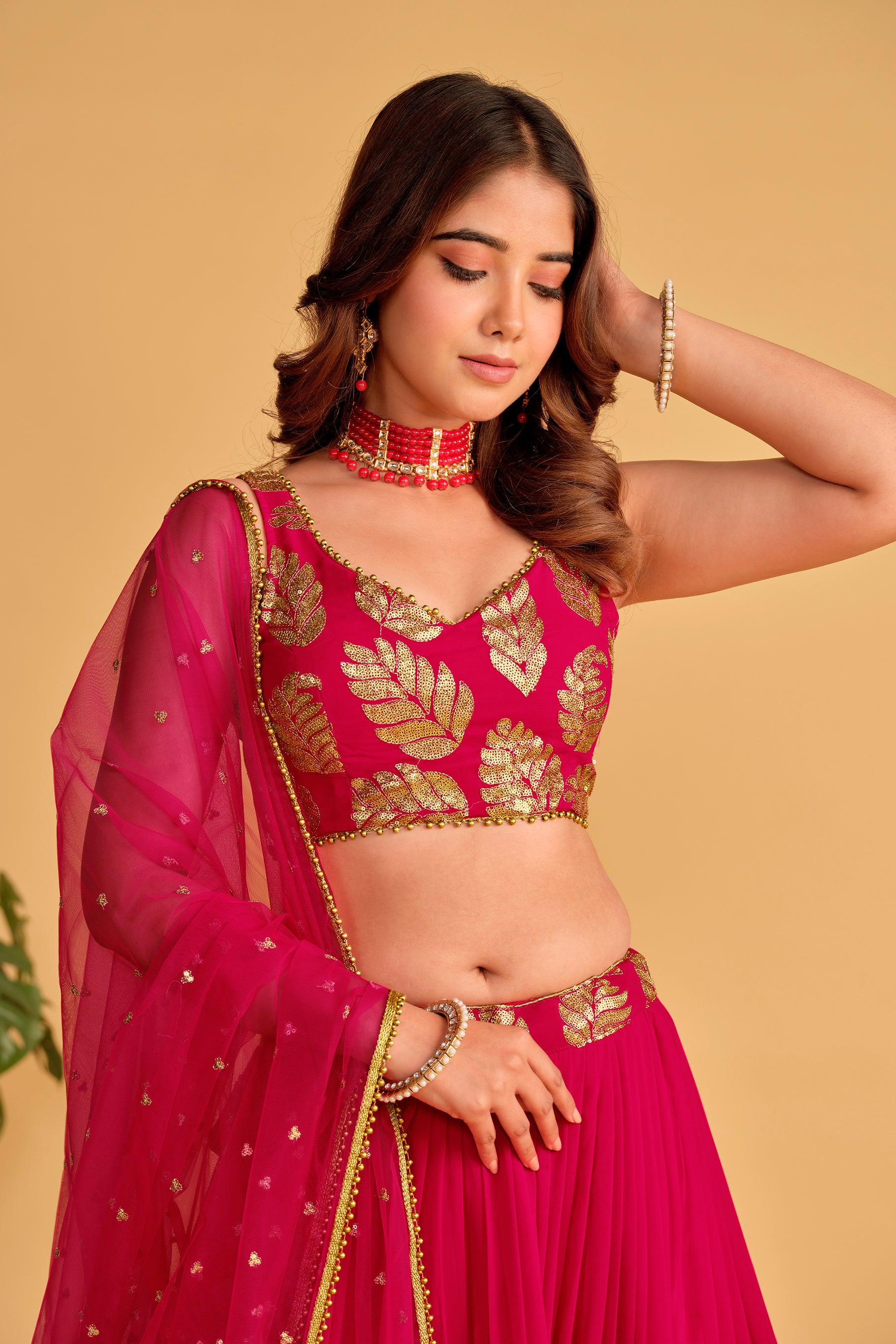 Jyoti Fashion Women's Pink Georgette Sequins Zari Embroidered Lehenga Choli & Dupatta - Distacart