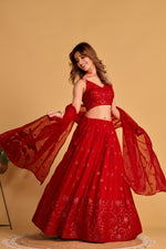 Thumbnail for Jyoti Fashion Women's Red Georgette Sequins Thread Embroidered Lehenga Choli & Dupatta - Distacart