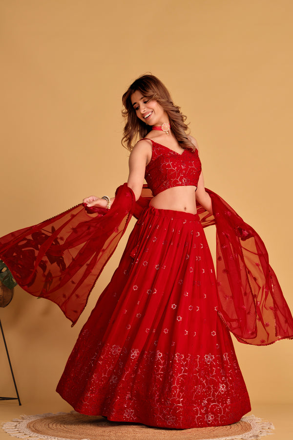Jyoti Fashion Women's Red Georgette Sequins Thread Embroidered Lehenga Choli & Dupatta - Distacart