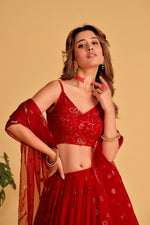 Thumbnail for Jyoti Fashion Women's Red Georgette Sequins Thread Embroidered Lehenga Choli & Dupatta - Distacart