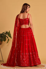 Thumbnail for Jyoti Fashion Women's Red Georgette Sequins Thread Embroidered Lehenga Choli & Dupatta - Distacart