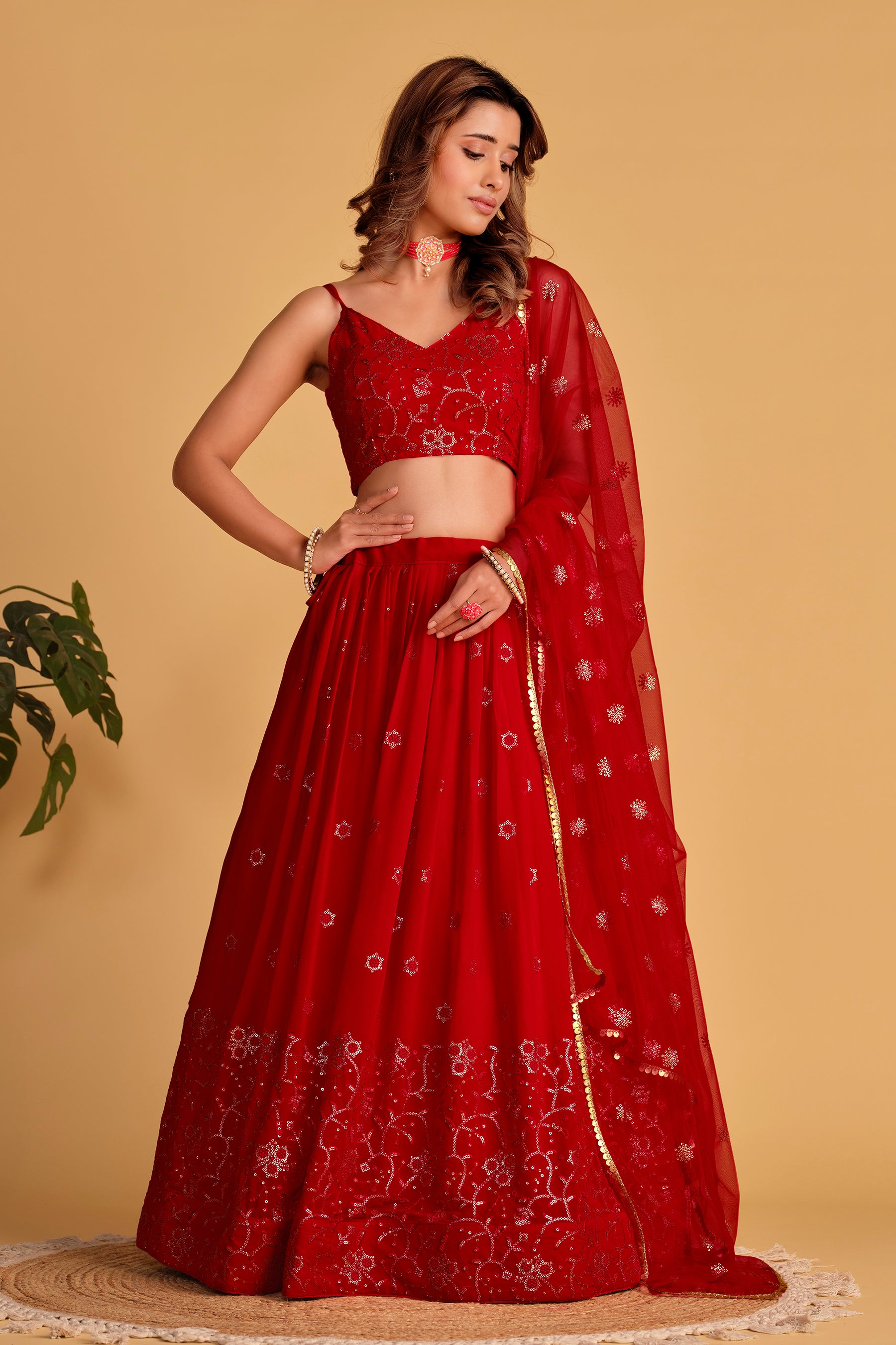 Jyoti Fashion Women's Red Georgette Sequins Thread Embroidered Lehenga Choli & Dupatta - Distacart