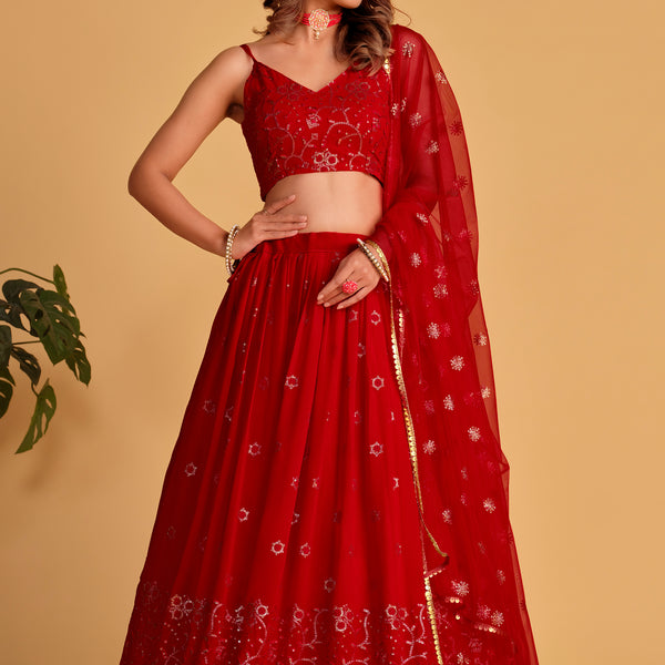 Jyoti Fashion Women's Red Georgette Sequins Thread Embroidered Lehenga Choli & Dupatta - Distacart