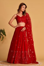 Thumbnail for Jyoti Fashion Women's Red Georgette Sequins Thread Embroidered Lehenga Choli & Dupatta - Distacart