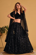 Thumbnail for Jyoti Fashion Women's Black Georgette Sequins Thread Embroidered Lehenga Choli & Dupatta - Distacart