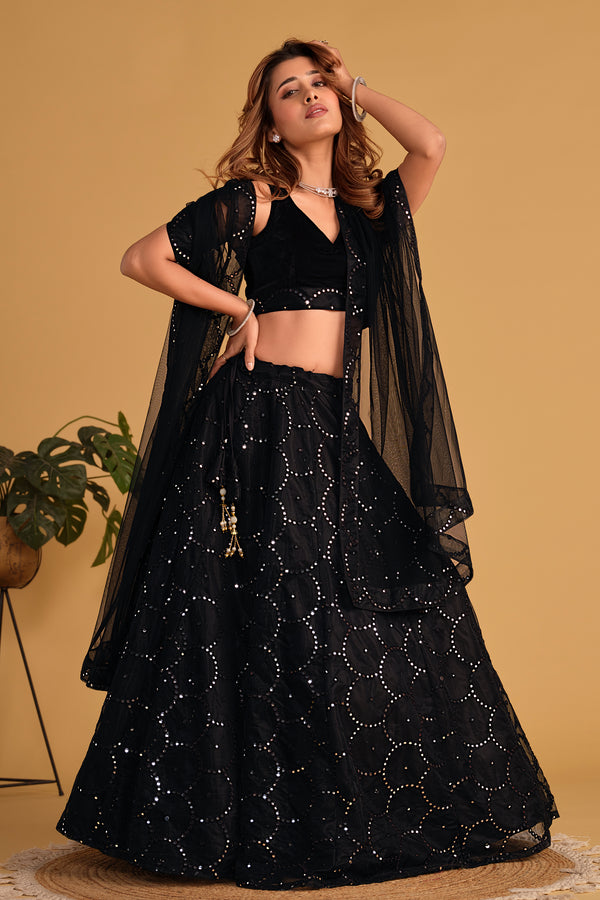 Jyoti Fashion Women's Black Georgette Sequins Thread Embroidered Lehenga Choli & Dupatta - Distacart