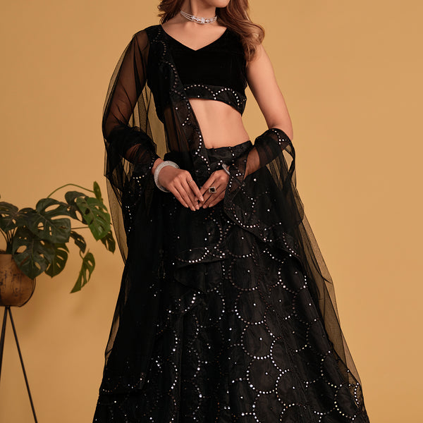 Jyoti Fashion Women's Black Georgette Sequins Thread Embroidered Lehenga Choli & Dupatta - Distacart