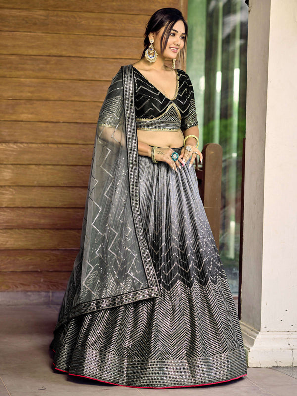 Jyoti Fashion Women's Black Chinon Sequins Thread Embroidered Lehenga Choli & Dupatta - Distacart