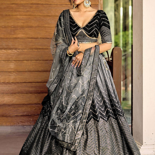 Jyoti Fashion Women's Black Chinon Sequins Thread Embroidered Lehenga Choli & Dupatta - Distacart