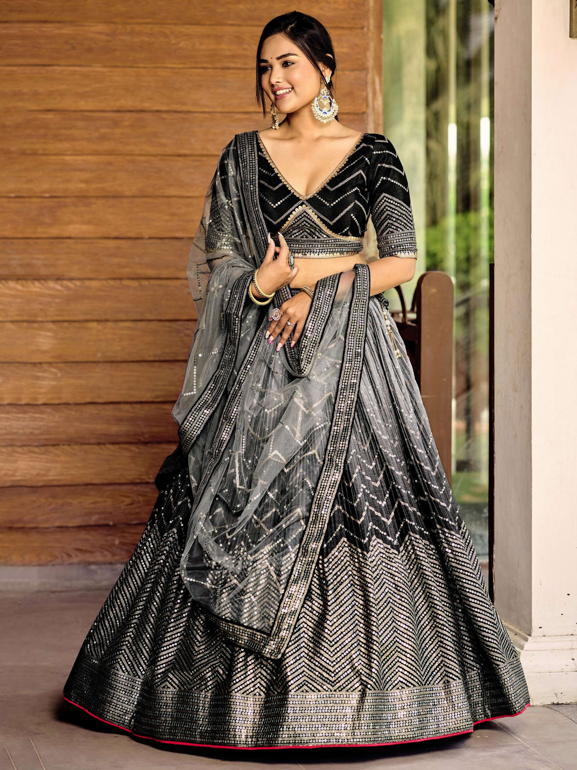 Jyoti Fashion Women's Black Chinon Sequins Thread Embroidered Lehenga Choli & Dupatta - Distacart