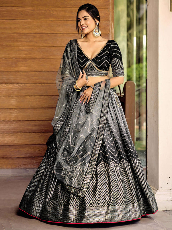 Jyoti Fashion Women's Black Chinon Sequins Thread Embroidered Lehenga Choli & Dupatta - Distacart
