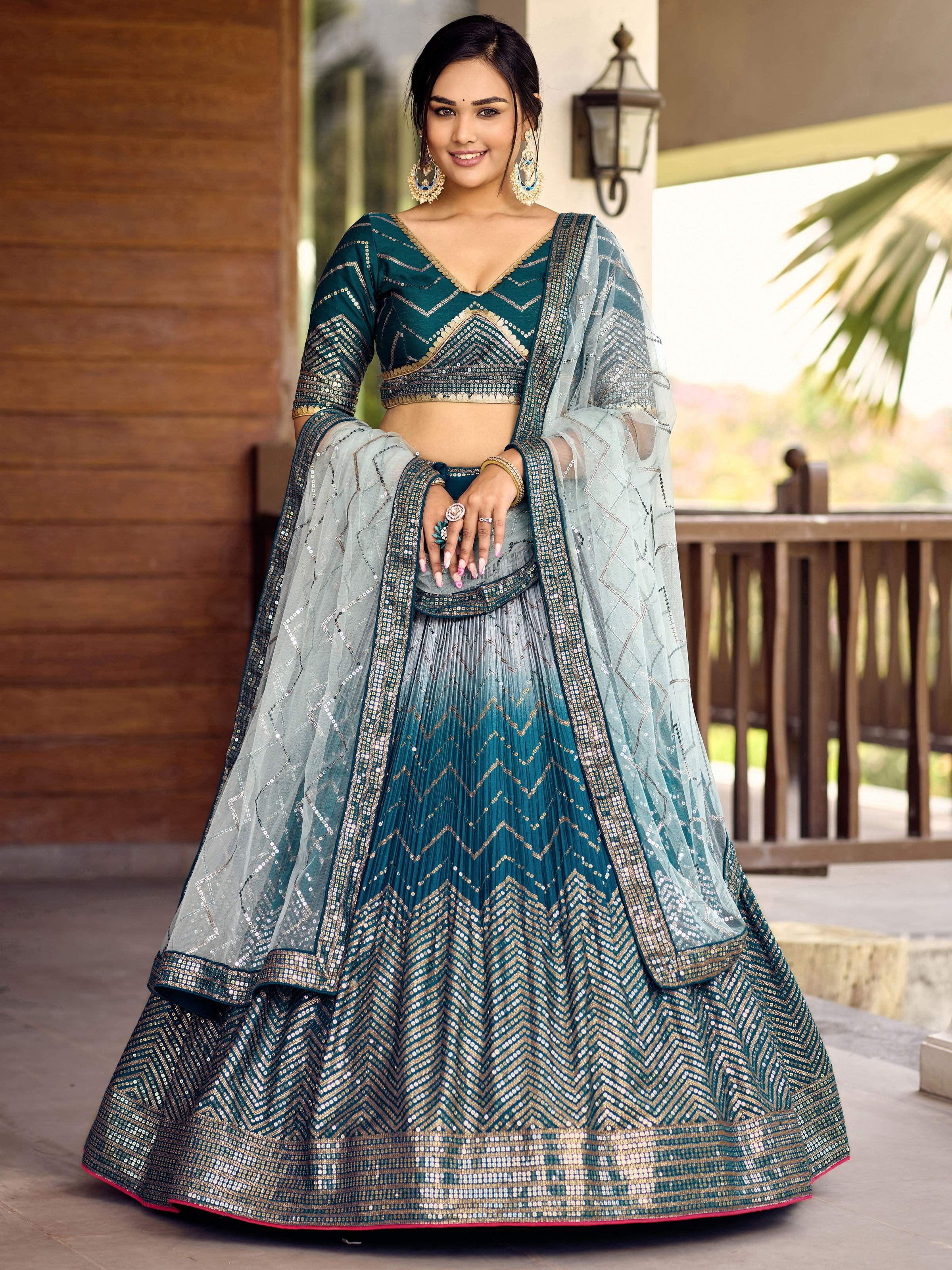 Jyoti Fashion Women's Blue Chinon Sequins Thread Embroidered Lehenga Choli & Dupatta - Distacart