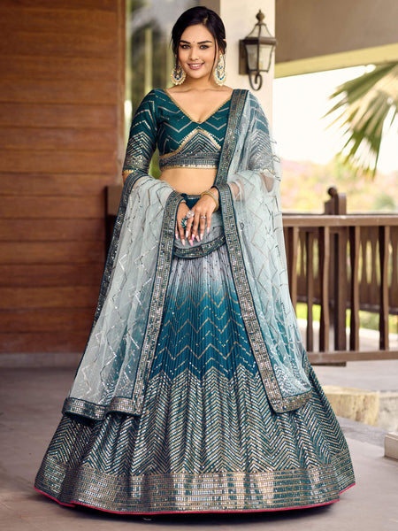 Jyoti Fashion Women's Blue Chinon Sequins Thread Embroidered Lehenga Choli & Dupatta - Distacart