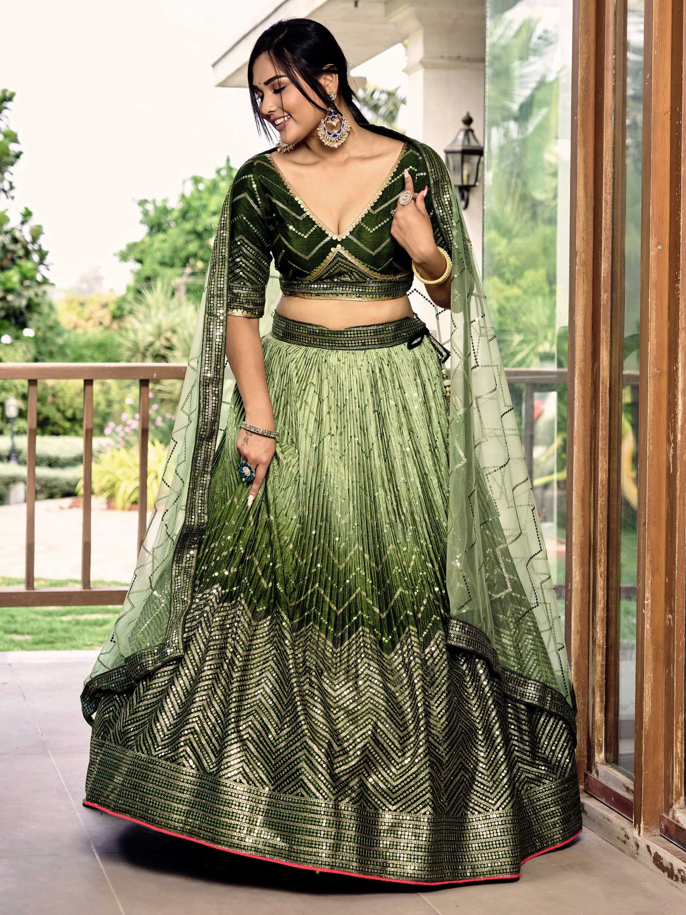 Jyoti Fashion Women's Green Chinon Sequins Thread Embroidered Lehenga Choli & Dupatta - Distacart