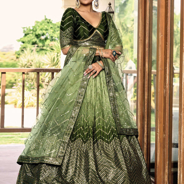 Jyoti Fashion Women's Green Chinon Sequins Thread Embroidered Lehenga Choli & Dupatta - Distacart