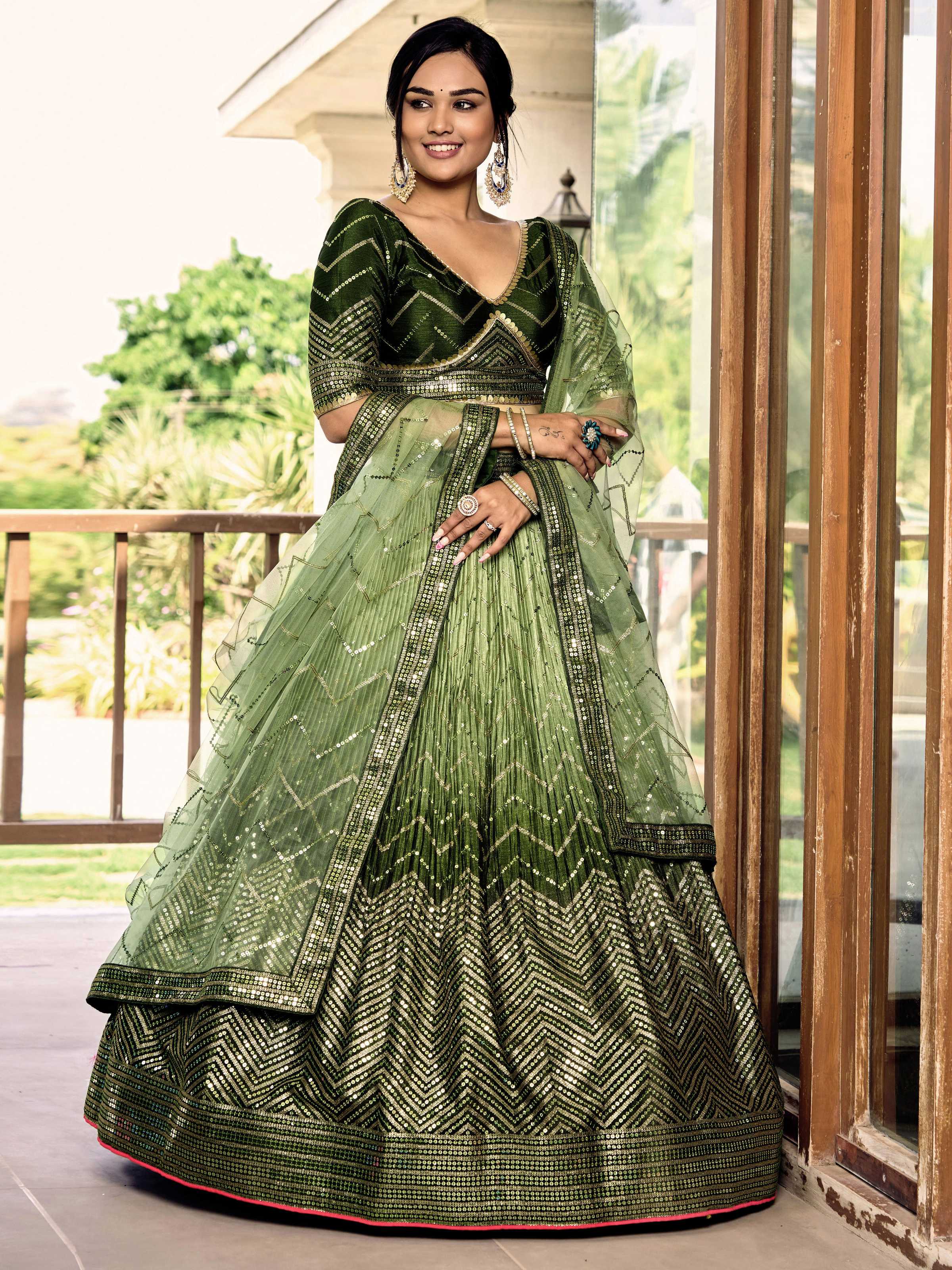 Jyoti Fashion Women's Green Chinon Sequins Thread Embroidered Lehenga Choli & Dupatta - Distacart